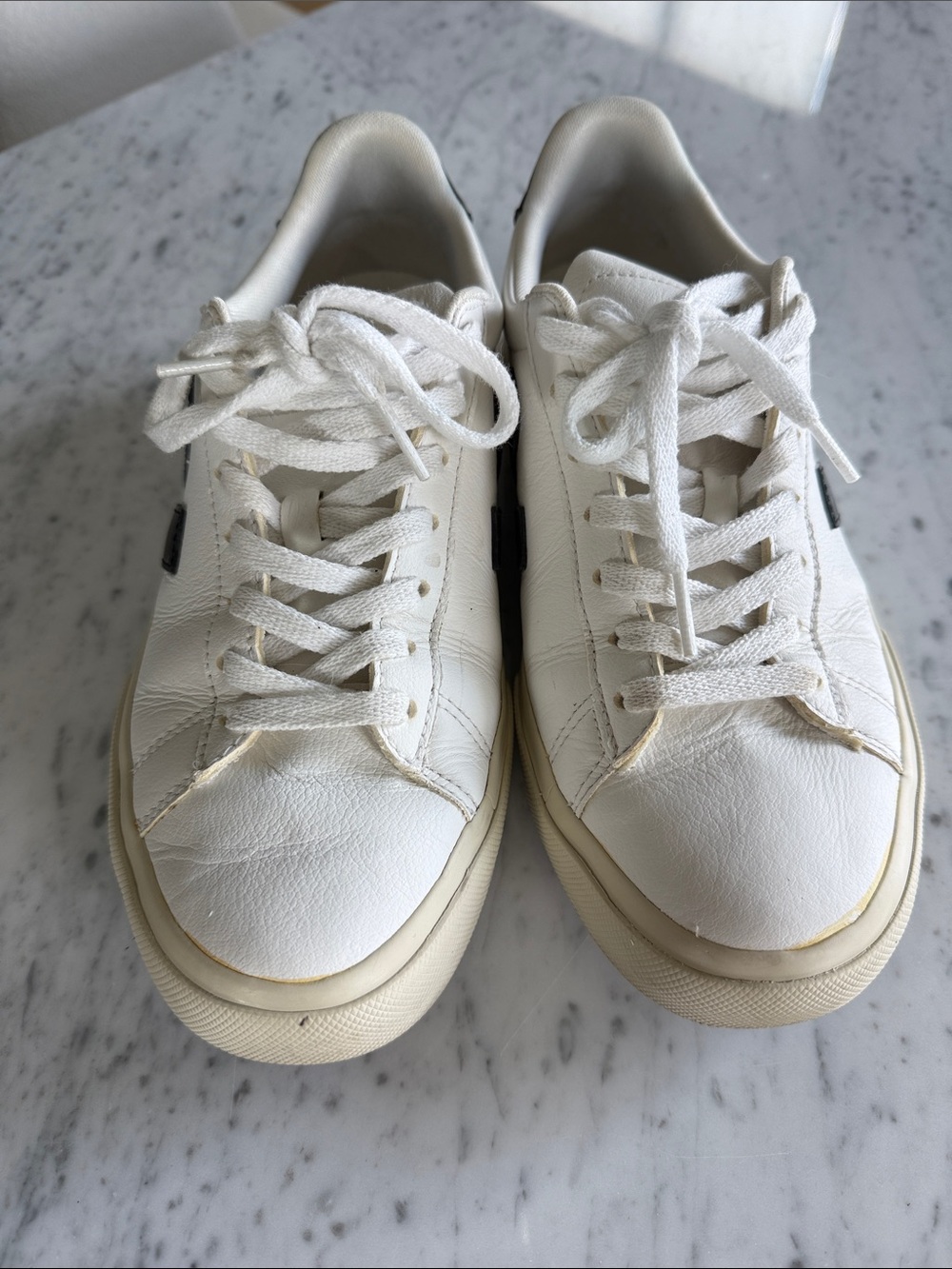 Veja Campos White Leather Sneakers with Black V Accent - Picture 2 of 9